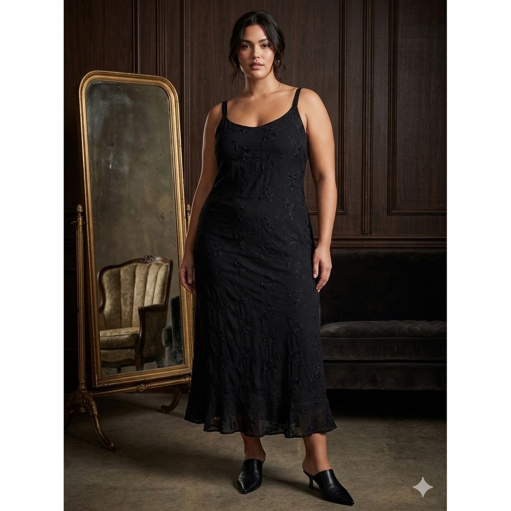 VTG Jenny Helene Black Floral Embroidered Maxi Dress Sleeveless Ruffle Hem Large